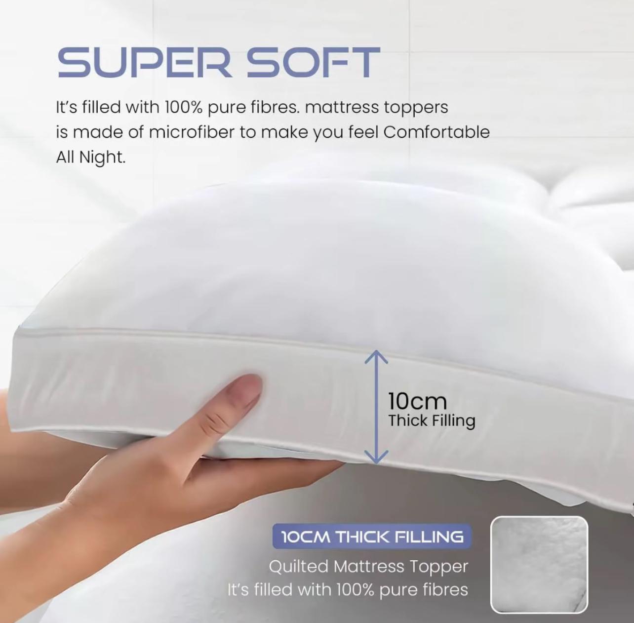 MATTRESS TOPPER 10CM THICK SUPER SOFT & FLUFFY WITH ELASTIC STRAPS SINGLE DOUBLE KING & SUPER KING SIZES